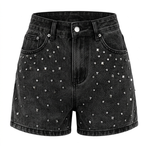 High Waist Denim Shorts With Rhinestone Rivet <b>Decoration</b> Stonewashed Casual <b>Summer</b> Style Women's Shorts - Product Image 4