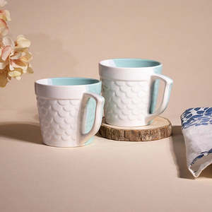 Professional Porcelain Fish Scale Textured Tea Cup Set of 2 Classic Vintage Design with Cute Handle for Tea <b>Mugs</b> - Product Image 5