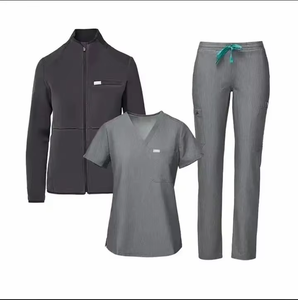 Women's Black <b>Scrub</b> <b>Set</b> With Jacket Top And Pants Polyester Knitted Hospital Uniforms - Product Image 2