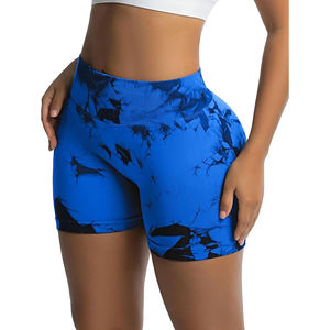 High Waist Simple Blue Printed Yoga Shorts Ruched Butt Design Four-Way Stretch Spandex Polyester Elastic Waist Plus Size <b>Knee</b> - Product Image 3