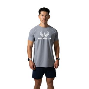 T-shirt de performance gris clair pour homme, anti-humidité, haut de gamme, col rond, pour entraînement, course à pied, gym, fitness, vêtements de sport - Product Image 1