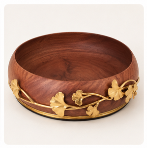 Cuenco de madera maciza tallado a mano con elegantes detalles de hoja de ginkgo en latón dorado, vajilla ecológica para decoración de hogar de lujo. - Product Image 3