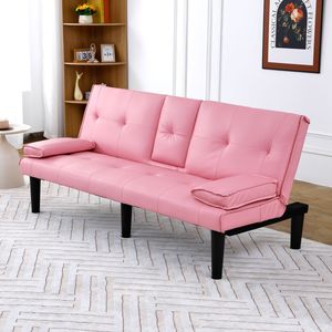 67-Inch Pink PVC Multi-Functional <b>Sofa</b> <b>Bed</b> with Foldable Cup Holder Extremely Convenient to Turn Into a <b>Bed</b> - Product Image 2