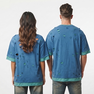 T-shirt imprimé effet vieilli double couche personnalisé, T-shirts premium double couche effet vieilli, T-shirt unisexe surdimensionné double couche délavé - Product Image 4