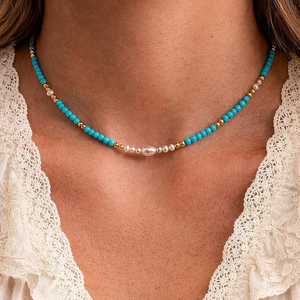 สร้อยคอทองเหลืองประดับด้วยลูกปัดเทอร์ควอยซ์ธรรมชาติ พร้อมจี้เทอร์ควอยซ์ทรงมุกเทียมแบบหลายชั้น ชุบทอง 14K รูปทรงมงกุฎ สไตล์ศาสนา - Product Image 2