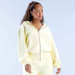 Sweat-shirt à capuche jaune clair pour femme, coupe régulière, en molleton, décontracté, en coton tricoté, couleur unie, avec poches - Product Image 5