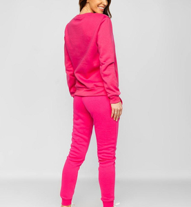 Women's Solid <b>Pink</b> Cotton <b>Tracksuit</b> <b>Set</b> Crew Neck Long Sleeve Full Length Pants Casual Autumn Wear Regular Fit With Side Pockets - Product Image 2