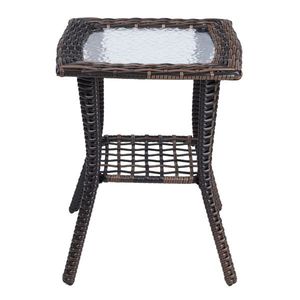 Brown Outdoor Wicker Side Table with Glass Top Rattan End Table for Patio Indoor Garden Porch Balcony-Coffee Bistro Table - Product Image 6