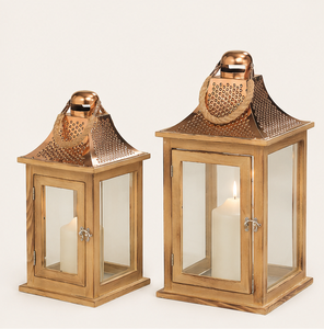 Handcrafted Rustic Wooden Candle Lantern with Copper Finish Metal Roof and Hemp <b>Rope</b> Handle Decorative Vintage Lantern - Product Image 3