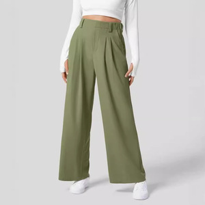 High Waist <b>Wide</b> <b>Leg</b> Pleated Pants Solid Color Loose Fit Full Length Crepe Fabric Anti-Wrinkle Casual Women's <b>Trousers</b> Autumn - Product Image 2