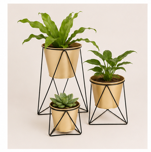 Modern Gold Metal Planter Set of 3 with Triangular Black Stands Tiered Luxury Indoor Flower <b>Pots</b> for Home Iron Plant <b>Holder</b> - Product Image 1