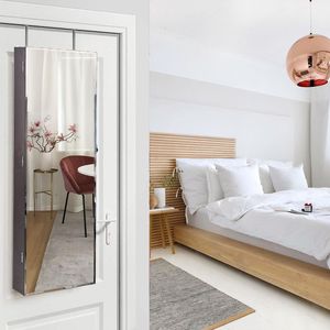 Armoire murale en bois brun foncé à 5 niveaux avec miroir intégré et 2 tiroirs pour rangement de bijoux et maquillage - Product Image 1