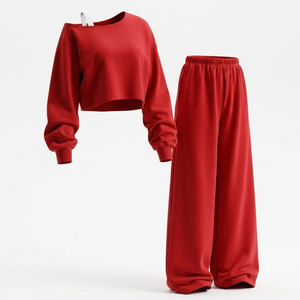 Women's Purple Cropped Sweatshirt Wide Leg Pants 2 Piece Lounge <b>Set</b> Casual Matching Co Ord Outfit Solid Color Loose Fit - Product Image 4