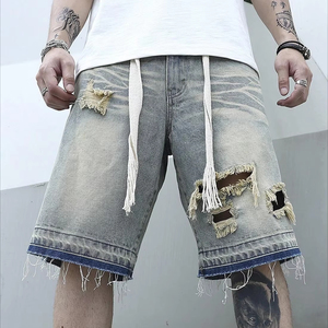 Casual Cotton Plus Size <b>Drawstring</b> Ripped Denim Shorts <b>Men</b> Custom logo Distressed Raw Hem Loose <b>Men</b> Jorts Washed <b>Jean</b> Shorts - Product Image 5