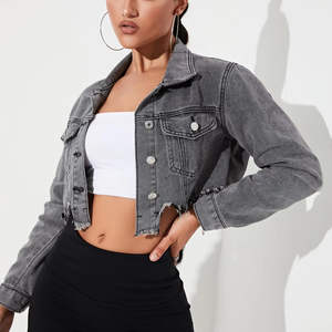Chaqueta vaquera corta con dobladillo deshilachado y efecto desgastado, estilo urbano vintage, para mujer, servicio OEM con MOQ bajo - Product Image 3