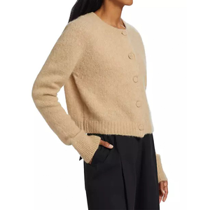 Women's <b>Beige</b> Knitted <b>Cardigan</b> Crew Neck Full Sleeve Button Front Minimalist Solid Color Autumn Wear By Tiki Taka Sports - Product Image 2
