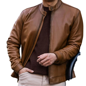 Mens Tan Brown Genuine Leather Streetwear Jacket Band Collar <b>Zip</b> Front Slimfit Minimalist Premium Casual Custom Winter Outerwear - Product Image 4