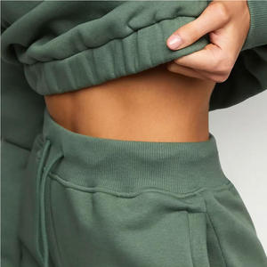 Ensemble sweat-shirt à capuche court vert oversize avec pantalon de jogging à cordon de serrage, tenue décontractée d'automne unisexe, couleur unie avec poches - Product Image 5