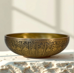 Deep brass bowl with detailed circular motifs, accompanied by a red felt <b>mallet</b> and <b>wooden</b> striker available at wholesale prices - Product Image 3