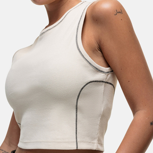 Top Corto de Punto Crema para Mujer, Cuello Redondo, Color Sólido Minimalista, Transpirable, Sin Mangas, de Spandex y Nailon - Product Image 3
