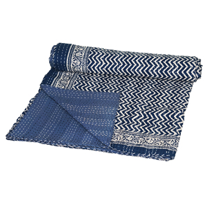 Blue Printed Bohemian Fluffy Organic Cotton <b>Quilt</b> Blanket Handmade Zigzag Floral Pareo Wrap <b>Throw</b> Soft Breathable Unisex Bedding - Product Image 1