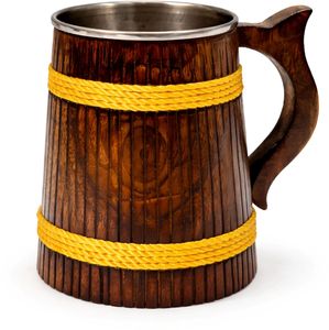 Chope à bière vintage en bois faite à la main avec poignée et bandes métalliques – Vaisselle réutilisable pour fêtes à domicile et taverne - Product Image 1