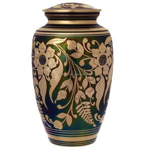 Urnes funéraires pour adultes en laiton de haute qualité et belles fleurs d'or avec urnes funéraires en métal fini vert foncé - Product Image 1