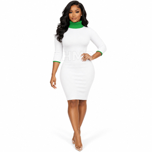 HMR Sorority Sisterhood White Knitted Turtleneck Bodycon Dress With Green Contrast Neck And Cuffs <b>Three</b> Quarter - Product Image 3
