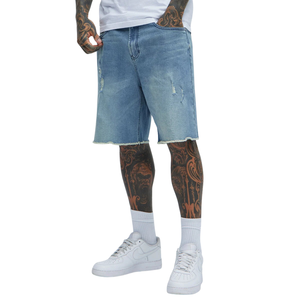 Shorts en jean bleu clair pour homme, en coton délavé, cinq poches, coupe droite, décontracté, été, respirant, séchage rapide, longueur genou, ourlet brut - Product Image 1