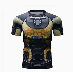 Camiseta Deportiva Ajustada de Compresión para Hombre, Negra con Estampado Tribal Blanco, Cuello Redondo, Manga Corta, Poliéster que Absorbe la Humedad - Product Image 3