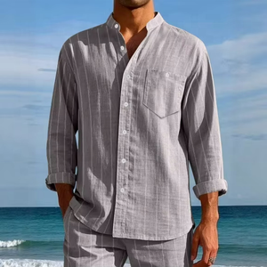 Chemise décontractée en lin pour homme à manches longues et col montant rayé, simple boutonnage, respirante, coupe tendance en tissu satiné - Product Image 4