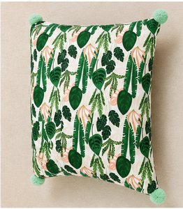 Funda de Cojín de Lujo con Estampado de Hojas Tropicales y Bordes de Pompones Hechos a Mano, Decoración Contemporánea para el Hogar, 100% Lino - Product Image 2