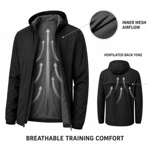 Veste coupe-vent légère à capuche pour homme avec doublure en mesh, poches zippées, vêtements d'extérieur décontractés, noir uni, coque en polyester - Product Image 5