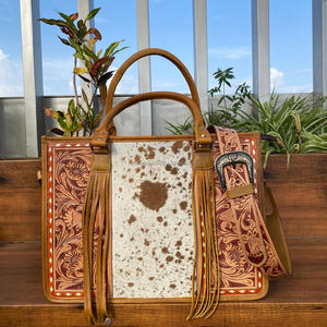 กระเป๋าโท้ทหนังลายดอกไม้สำหรับผู้หญิง, กระเป๋าหนังแท้แบบมีสายคาดตัวกระเป๋าถือหนังวัว - Product Image 3