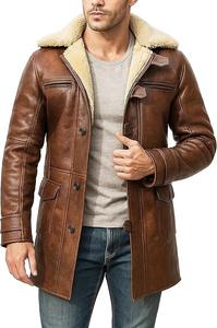 Manteau long en cuir véritable doublé de fourrure de mouton marron vintage pour homme - Product Image 5