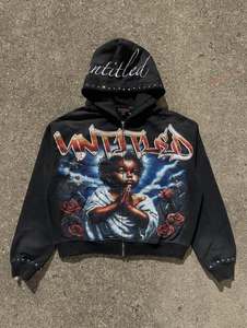 Sweat à capuche zippé court personnalisé pour homme, imprimé illustration artistique d'inspiration vintage, détail ourlet vieilli, streetwear premium - Product Image 4