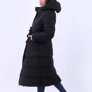 Women's Long Quilted Hooded Puffer Jacket With Belt Closure <b>Thick</b> <b>Winter</b> <b>Coat</b> Full Sleeve Solid Color Polyester Wadding - Product Image 6