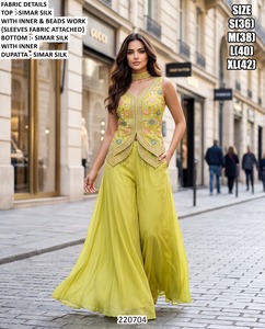 Ensemble Palazzo Long en Soie Jaune Brodé de Perles pour Femme – Tenue Traditionnelle de Fête Coupe Droite Protection Solaire Rapide - Product Image 1