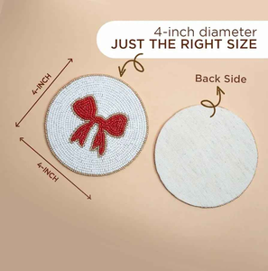 Round glass beaded embroidery coaster set cute bowknot design white handmade cup mat <b>red</b> pink <b>ribbon</b> motif table decor placemat - Product Image 2
