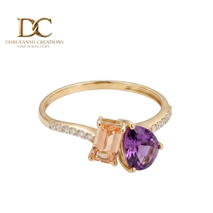 Bague en or massif 14 carats avec diamant de laboratoire, morganite et alexandrite de laboratoire, bijoux de luxe pour femmes, certifiés IGI - Product Image 1