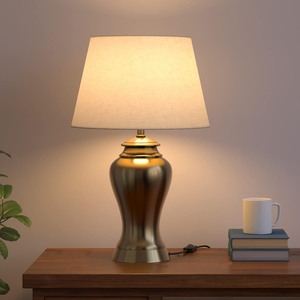 Modern design Luxury <b>Gold</b> <b>Table</b> Lamp Elegant <b>Bedside</b> Nightstand Light Metal Urn Base Fabric Shade Bedroom Hotel Decor Accent - Product Image 5