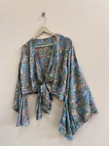 Top Cruzado de Seda para Mujer, Blusa Retro de Vacaciones con Lazo Frontal y Manga Campana, Estilo Bohemio - Product Image 5