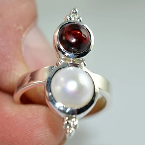 <b>Garnet</b> and Pearl <b>Ring</b> 925 Sterling <b>Silver</b> Handmade Promise <b>Ring</b> for Women, Dual stone Jewelry - Product Image 1