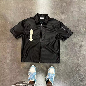 Men's Silk Screen Printed Eco-Friendly PU Leather Customized Long Short Sleeve T-Shirt Zipper Embroidery Applique Streetwear <b>Hip</b> - Product Image 5