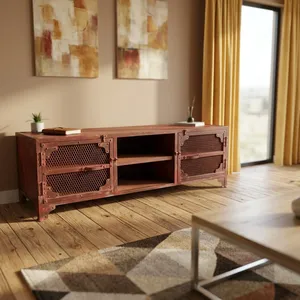 Meuble TV vintage industriel en bois massif avec portes en treillis métallique, étagère de rangement ouverte, fait main pour la maison, l'hôtel, la ferme - Product Image 5