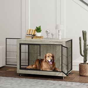 39\" Gray Dog Crate Furniture Side <b>Table</b> <b>with</b> <b>Wheels</b> Interchangeable Side Door for Large Dogs - Product Image 1
