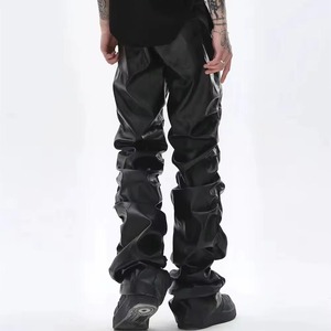 <b>Men's</b> <b>Black</b> Leather Coated Breathable Multi-Pocket Straight <b>Pants</b> High Waist Zipper Fly Casual Style Lightweight Knitted Fabric - Product Image 4
