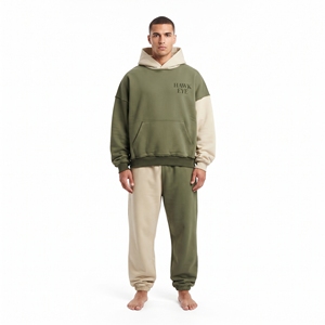 Ensemble sweat à capuche et jogging bicolore pour homme, olive beige, coupe ample, manches longues, survêtement décontracté, logo sur le devant et poches latérales - Product Image 6