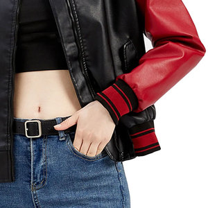 Women's Black Red Color Block Leather Bomber Jacket Full Sleeve <b>Zipper</b> Closure Stand Collar Short Length Autumn Style - Product Image 5