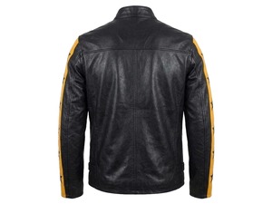 Men's Black <b>Leather</b> <b>Cafe</b> <b>Racer</b> <b>Jacket</b> with Yellow Stripes and Star Sleeves - Product Image 4